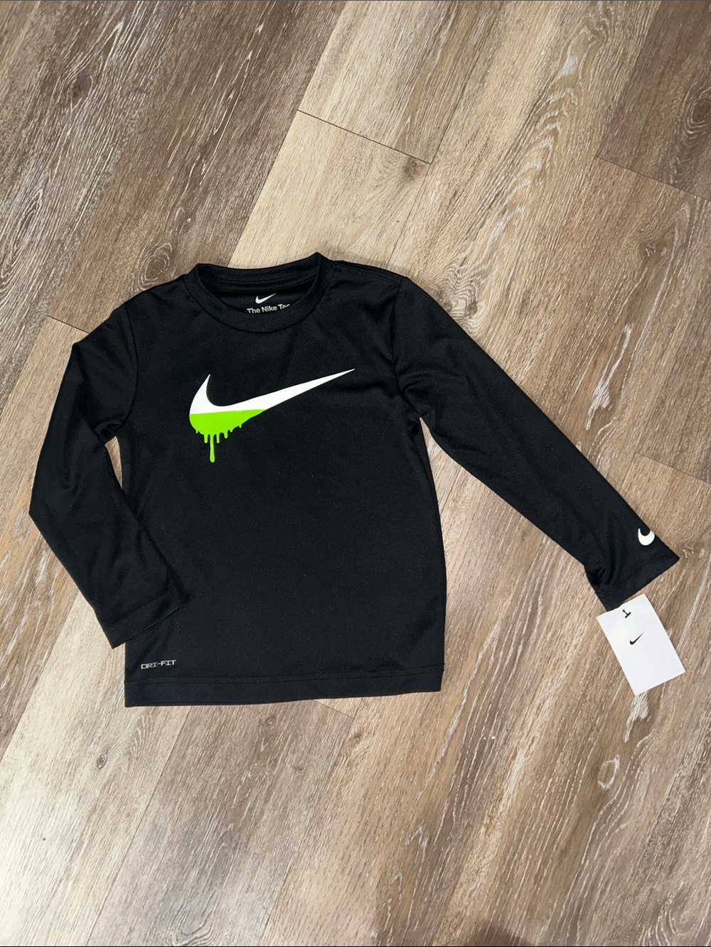 NEW Nike Black Long-Sleeve Tee with White Swoosh and Neon Green Drip
